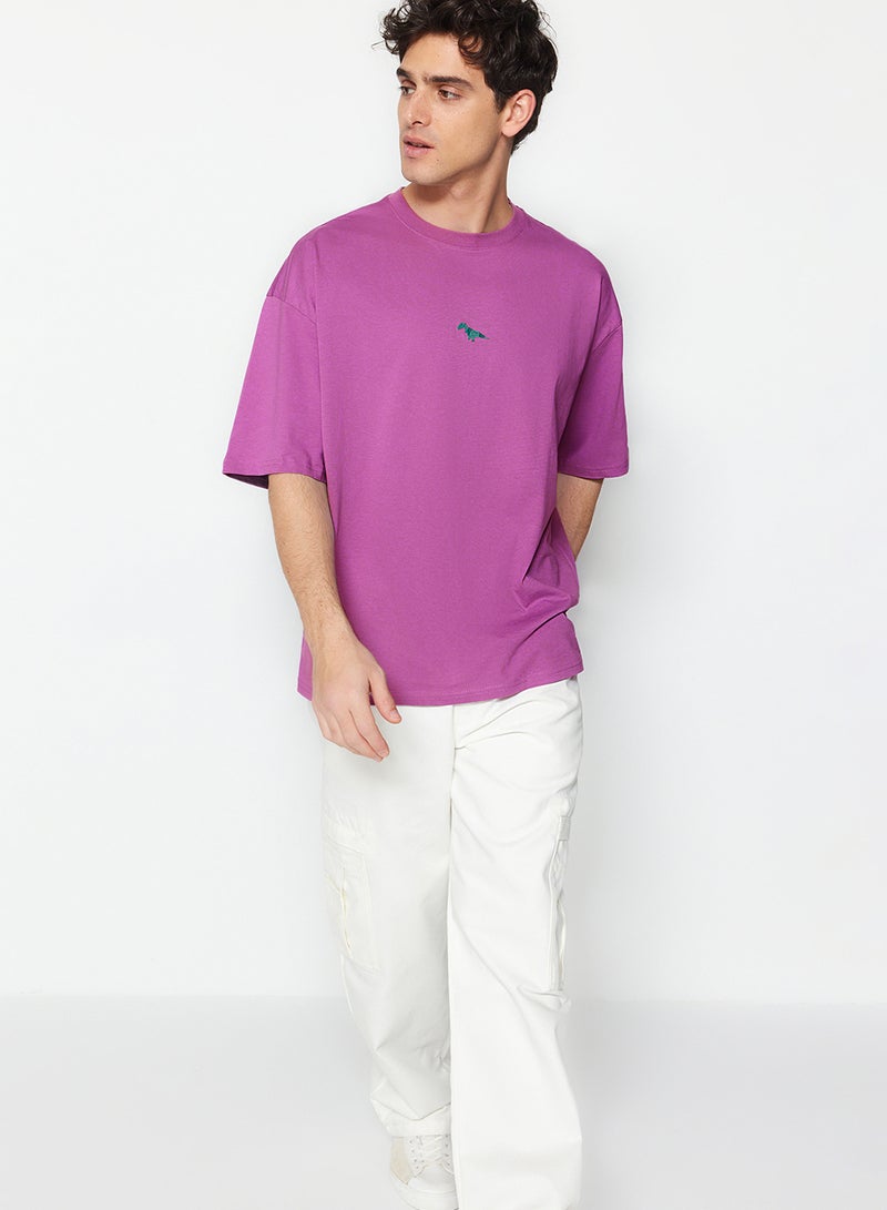 trendyol Plum Oversized /Wide Cut Dinosaur Embroidered Short Sleeve 100% Cotton T-Shirt Tmnss23Ts00243 - Image 2