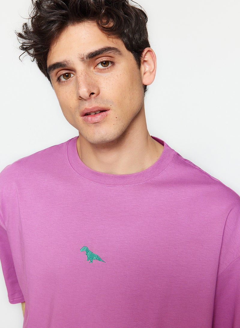 trendyol Plum Oversized /Wide Cut Dinosaur Embroidered Short Sleeve 100% Cotton T-Shirt Tmnss23Ts00243 - Image 1