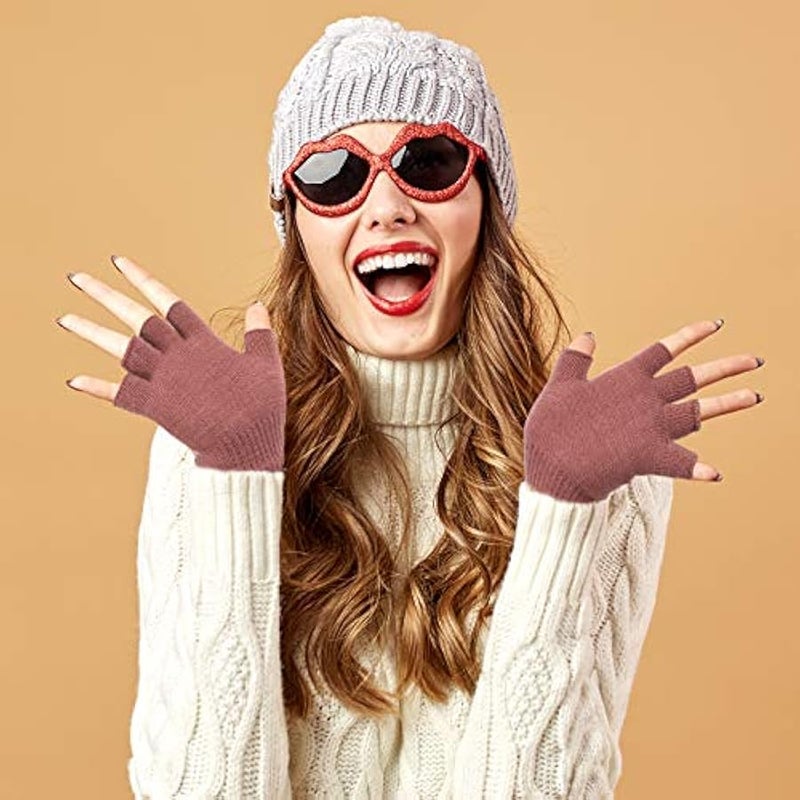 Bememo 4 Pairs Fingerless Gloves Half Finger Mittens Winter Solid Color Knitted Typing Gloves for Boys and Girls - Image 3