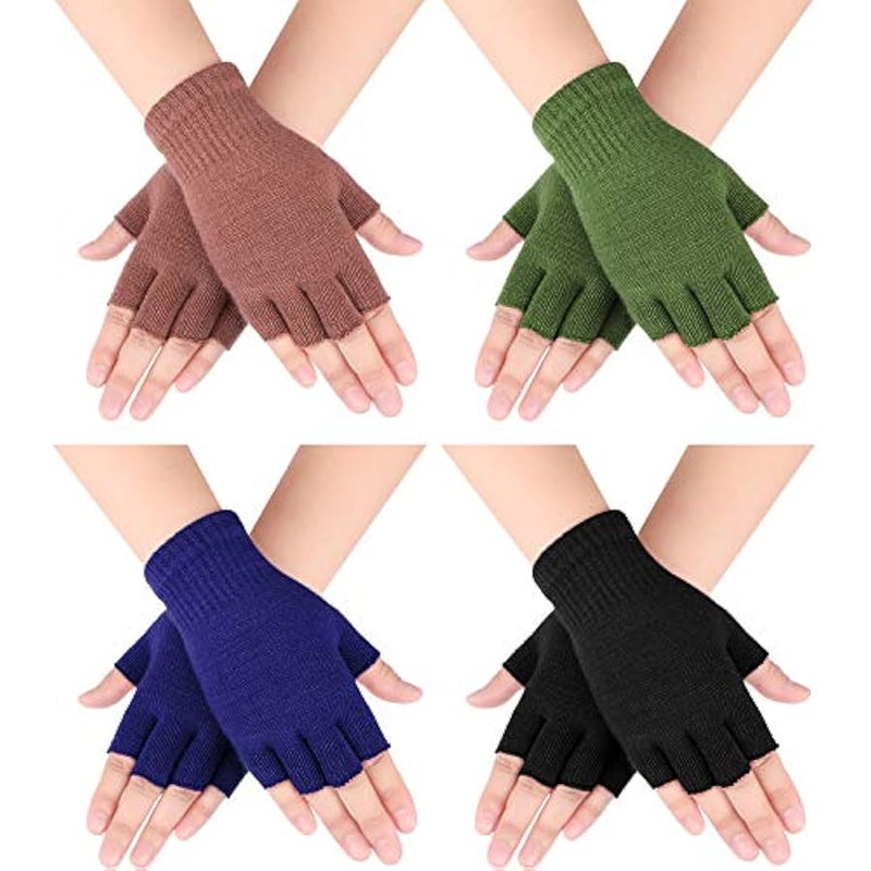 Bememo 4 Pairs Fingerless Gloves Half Finger Mittens Winter Solid Color Knitted Typing Gloves for Boys and Girls - Image 1
