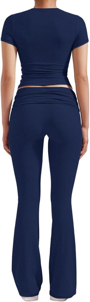 ZFLM Casual Workout Two Piece Outfits for Women Short Sleeve Crop High Waist Foldover Flare Pants Tracksuit Sets Streetwear - Image 4