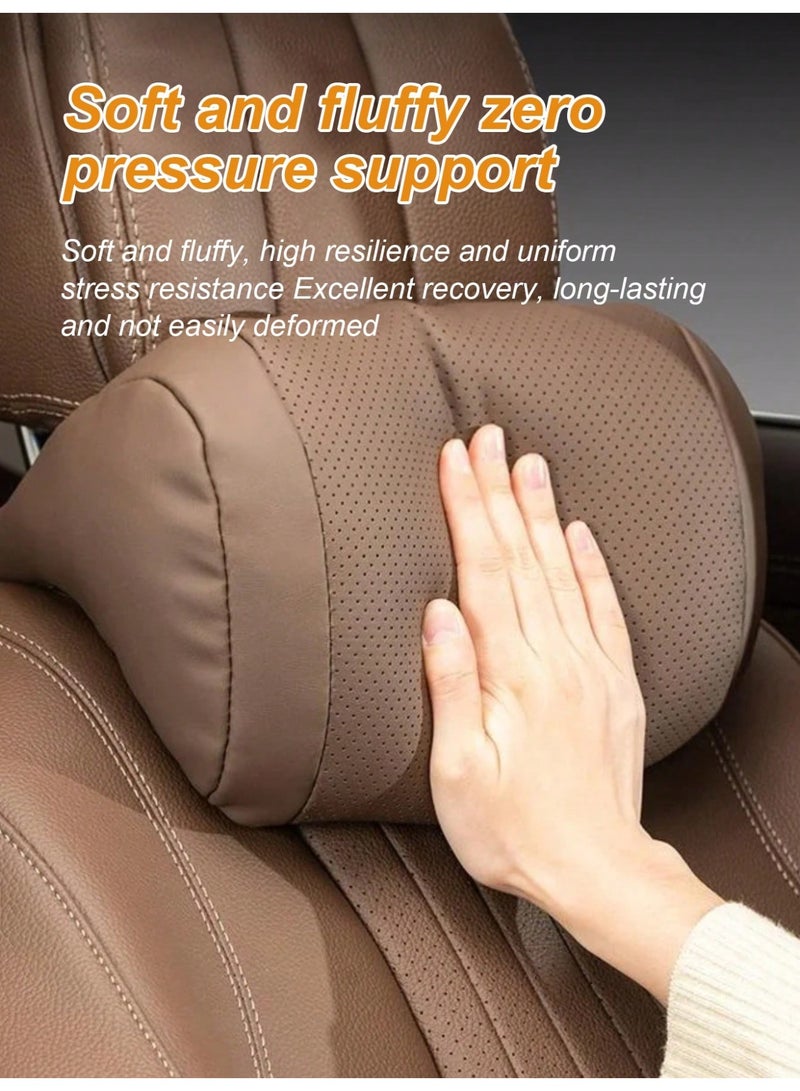 Car Headrest Pillow for Driving - Luxury Leather 100% Memory Foam, Ergonomic Neck Support - Universal Fit Head Rest Travel Pillow for Most Cars, Home & Office, Brown, 1 Pack - Image 1