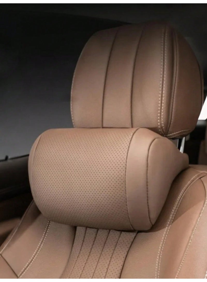 Car Headrest Pillow for Driving - Luxury Leather 100% Memory Foam, Ergonomic Neck Support - Universal Fit Head Rest Travel Pillow for Most Cars, Home & Office, Brown, 1 Pack - Image 2