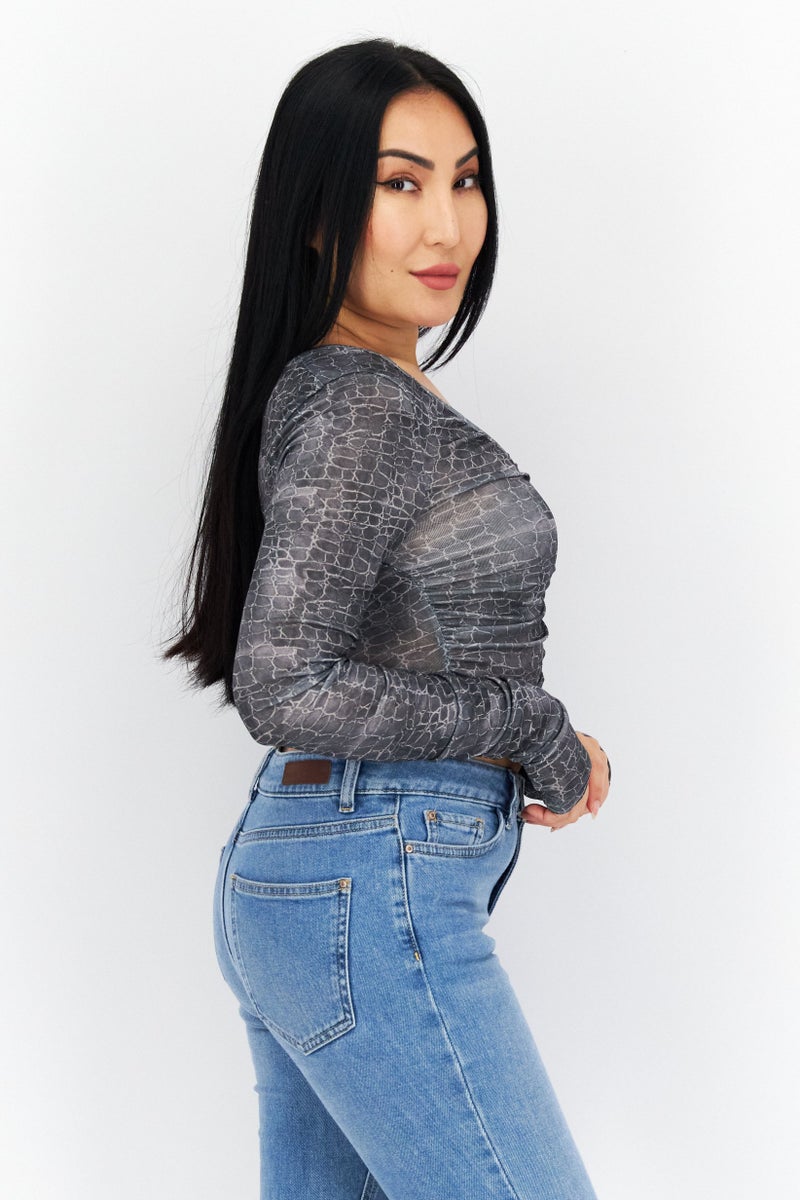 TOPSHOP Women Plunging Neck Long Sleeve Snake Printed Top, Grey  - Image 3