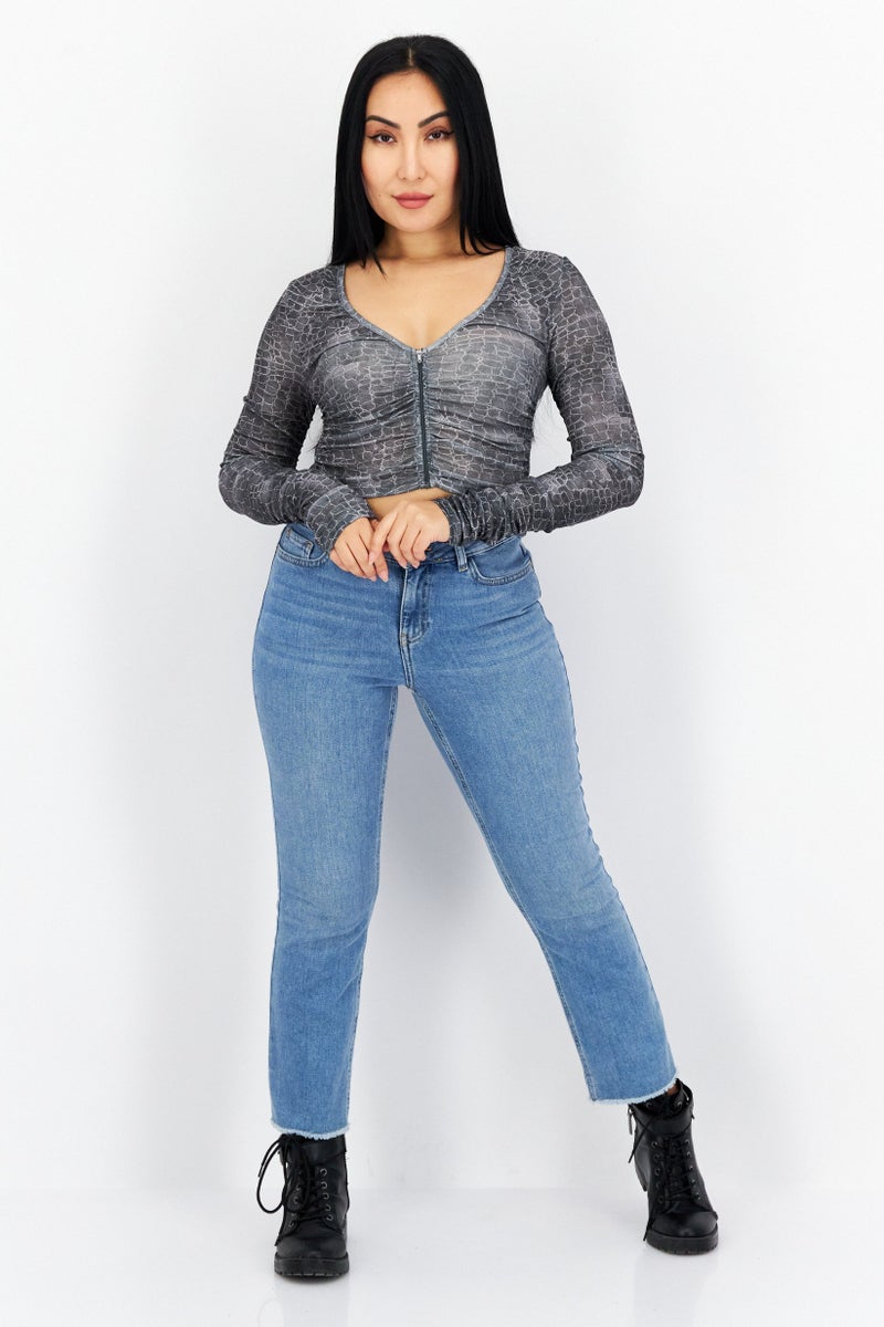 TOPSHOP Women Plunging Neck Long Sleeve Snake Printed Top, Grey  - Image 2
