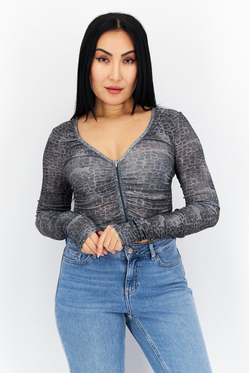 TOPSHOP Women Plunging Neck Long Sleeve Snake Printed Top, Grey  - Image 1