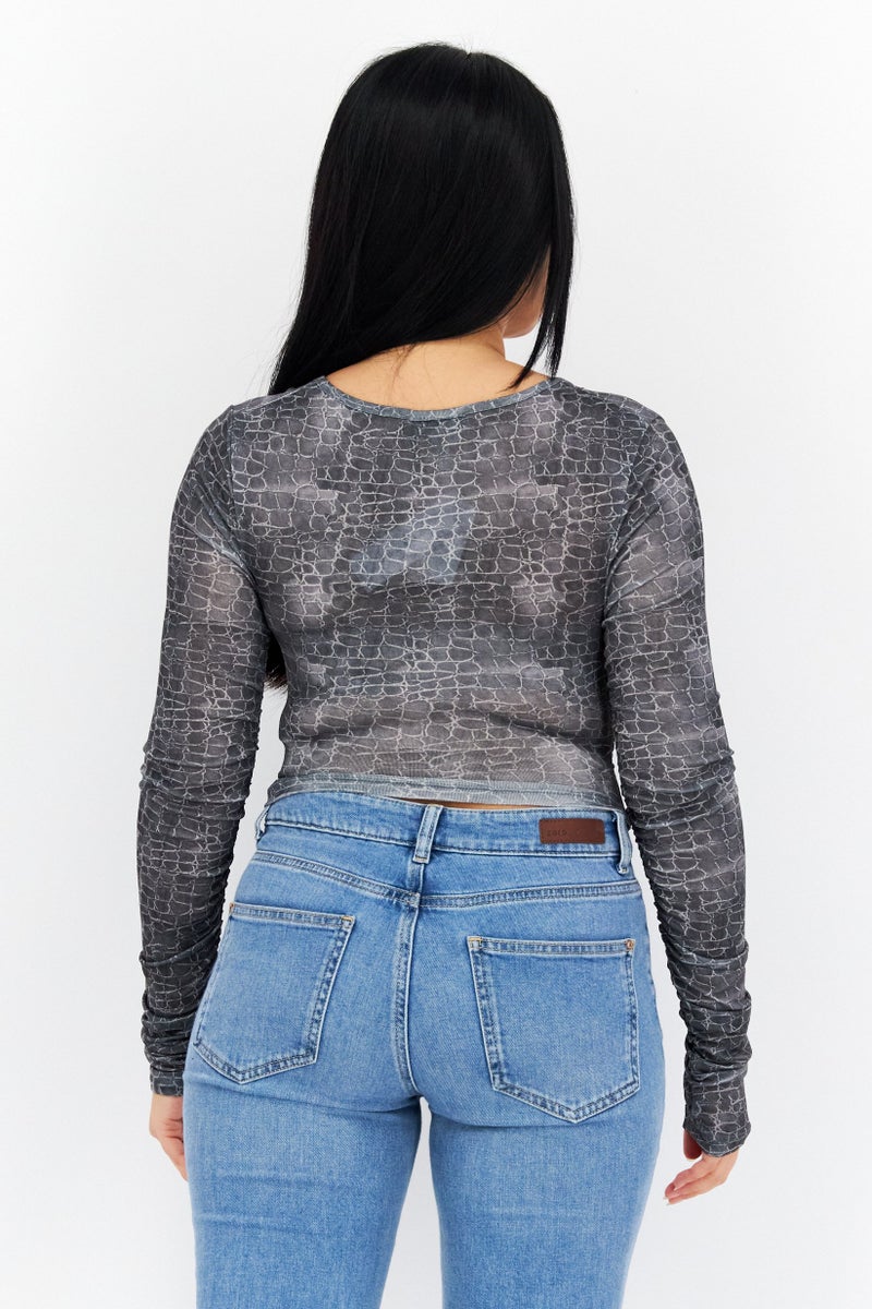 TOPSHOP Women Plunging Neck Long Sleeve Snake Printed Top, Grey  - Image 4