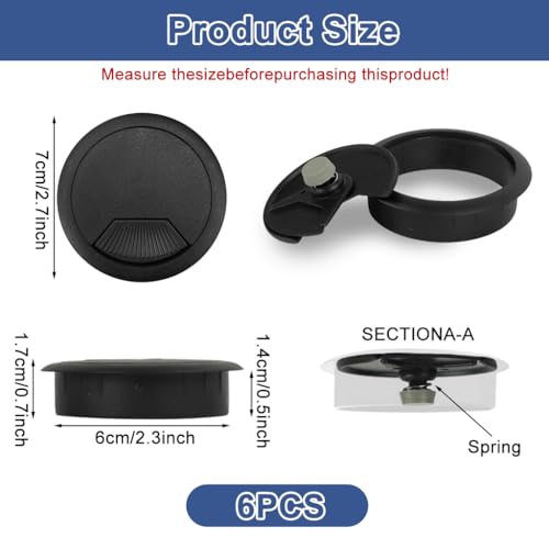 Serplex® 6Pcs Desk Grommets 2.36 Inch Round Cable Grommets Desk Cable Hole Covers Multi Cable Organizers Decorative Office Desk Grommets for Power Cords and Wire Management Black - Image 2