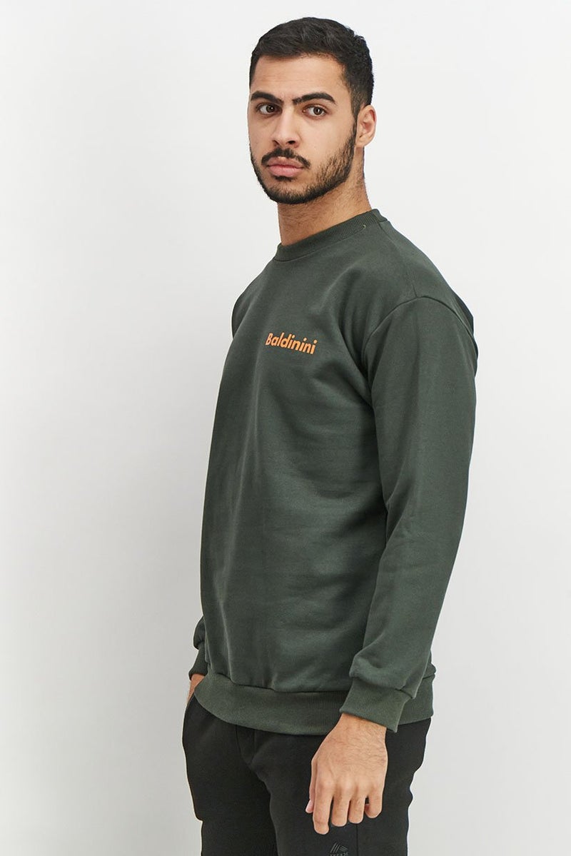Baldinini Men Crew Neck Brand Logo Long Sleeve Sweatshirt, Olive - Image 3