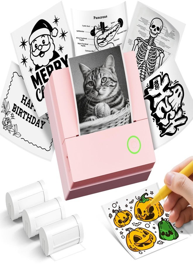 ETIKEZ Sticker Printer PM290C Mini Printer Portable Print Pod,Wireless Bluetooth Sticker Maker with 3 Rolls Paper,Inkless Thermal Printer Photo Printer for Study Notes,Pictures,DIY,Journal,Pink - Image 1