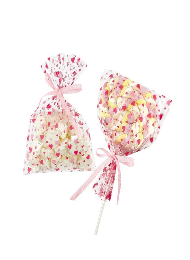 EKAPACKAGING 50Pcs 5x7 Inches Cellophane Treat Bags with Pink Ribbons, Pink Heart Pattern Gift Bags, Small Valentine's Day Goodie Bags for Candy, Marshmallow Pops, Cake Pops, Party Favors - Image 1