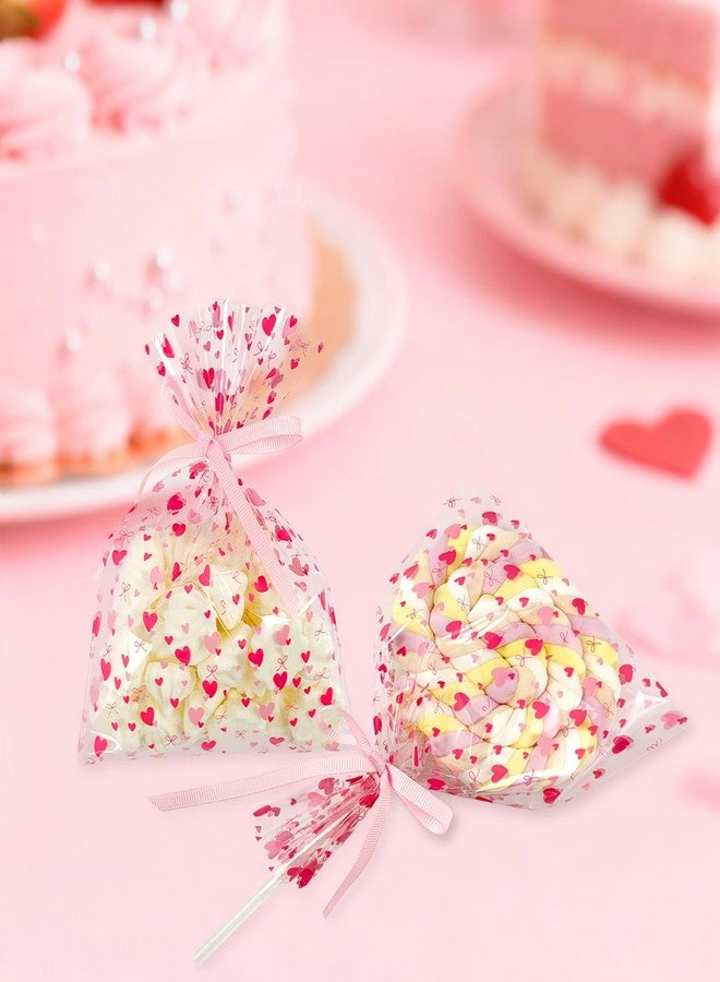EKAPACKAGING 50Pcs 5x7 Inches Cellophane Treat Bags with Pink Ribbons, Pink Heart Pattern Gift Bags, Small Valentine's Day Goodie Bags for Candy, Marshmallow Pops, Cake Pops, Party Favors - Image 5