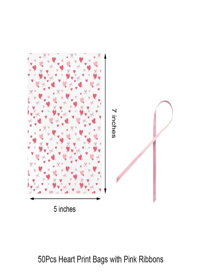 EKAPACKAGING 50Pcs 5x7 Inches Cellophane Treat Bags with Pink Ribbons, Pink Heart Pattern Gift Bags, Small Valentine's Day Goodie Bags for Candy, Marshmallow Pops, Cake Pops, Party Favors - Image 2