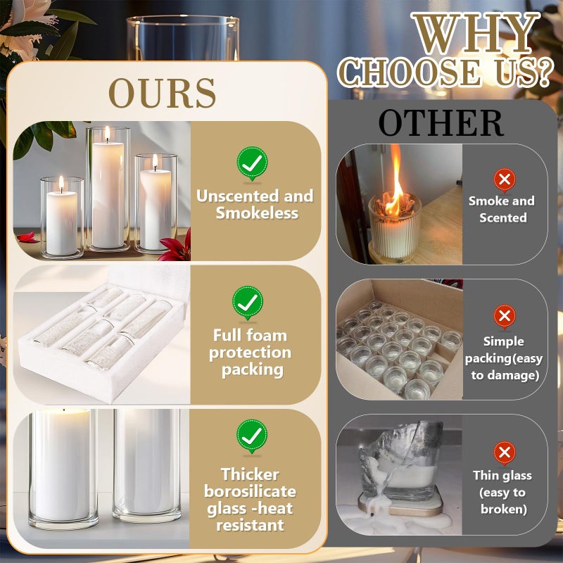 HomJoy 72 Pcs White Pillar Candles With Glass Candle Holders Clear Hurricane Candle Holders Glass Cylinder Vases For Centerpieces Wedding Party  Event  Home Office (36 Candles+36 Candle Hoders) - Image 3