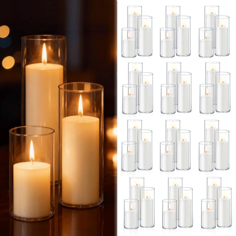 HomJoy 72 Pcs White Pillar Candles With Glass Candle Holders Clear Hurricane Candle Holders Glass Cylinder Vases For Centerpieces Wedding Party  Event  Home Office (36 Candles+36 Candle Hoders) - Image 1