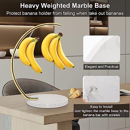 Livabber Banana Holder with Marble Base, Metal Banana Hanger Modern Tree Stand with Hook, Stylish Banana Keeper Fresh Fruit Storage Organizer Freestanding for Kitchen Countertop (Gold, Double Hook) - Image 4