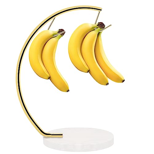 Livabber Banana Holder with Marble Base, Metal Banana Hanger Modern Tree Stand with Hook, Stylish Banana Keeper Fresh Fruit Storage Organizer Freestanding for Kitchen Countertop (Gold, Double Hook) - Image 1