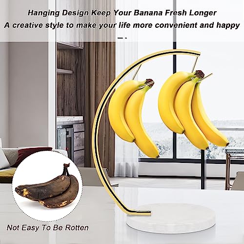 Livabber Banana Holder with Marble Base, Metal Banana Hanger Modern Tree Stand with Hook, Stylish Banana Keeper Fresh Fruit Storage Organizer Freestanding for Kitchen Countertop (Gold, Double Hook) - Image 5