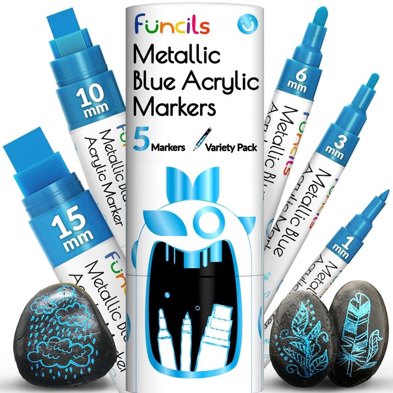 Funcils 5 Metallic Acrylic Blue Paint Pen Extra Fine Tip Thin Jumbo 1mm 3mm 6mm 10mm 15mm Blue Paint Markers for Metal Fabric Plastic Canvas Wood Rock Painting Glass Permanent Marker - Image 2