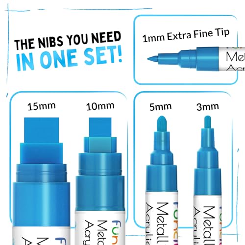 Funcils 5 Metallic Acrylic Blue Paint Pen Extra Fine Tip Thin Jumbo 1mm 3mm 6mm 10mm 15mm Blue Paint Markers for Metal Fabric Plastic Canvas Wood Rock Painting Glass Permanent Marker - Image 3
