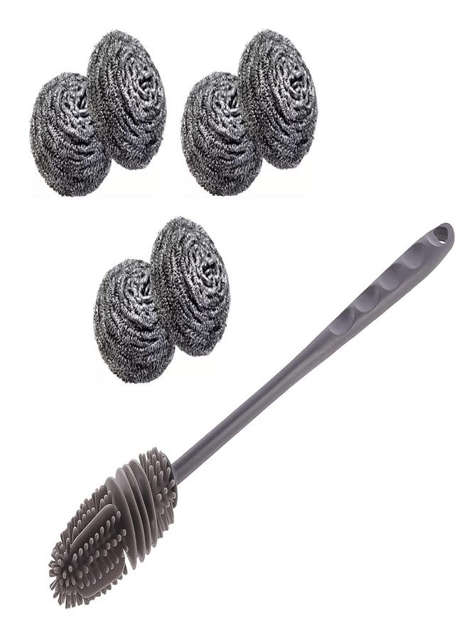 DOMUM Silicone Bottle Brush & 6pcs Steel Scrub for Cleaning Bottle, Glass & Utensils (Combo Pack). - Image 1