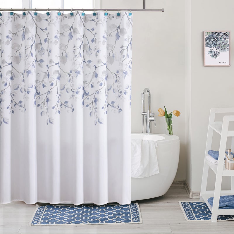 Central Park Navy Blue Leaf Shower Curtain Water Resistant Decorative Sweeping Floral Print Canvas Bathroom Spa Hotel Shower Curtain with Buttonholes White 70x72