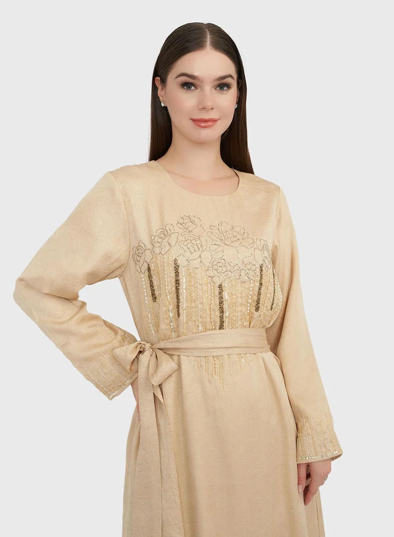 KASHKHA Beige Textured Silky Beige Handwork Maxi Dress(VW243)