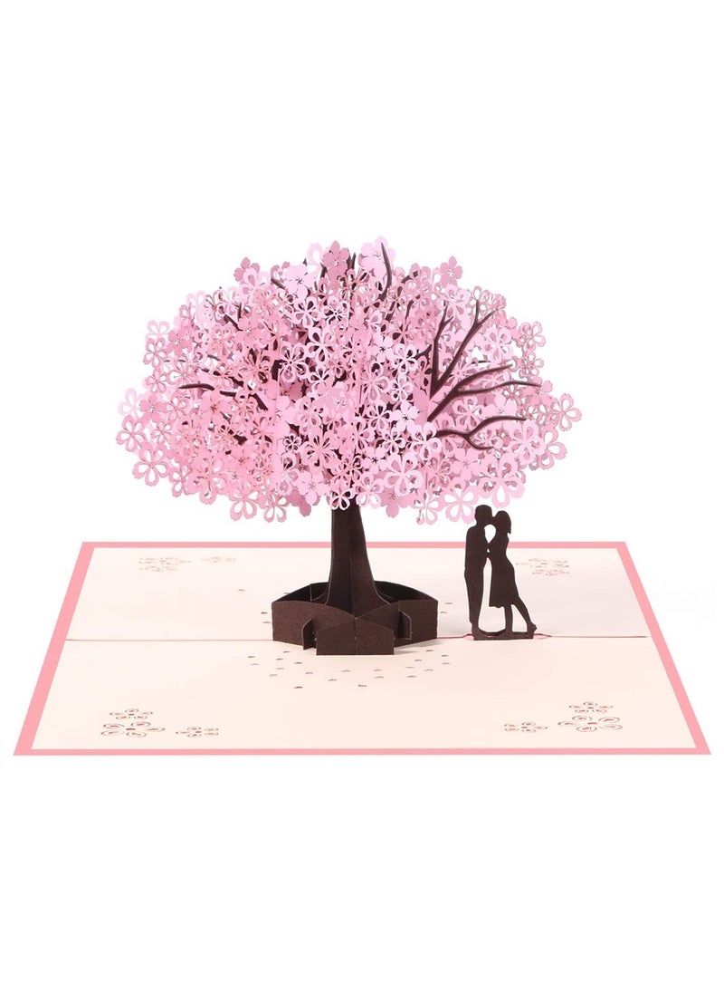 Generic 3D Pop-Up Wedding Anniversary Card with Romantic Lovers Beneath a Cherry Blossom Tree for Special Occasions  - Image 1