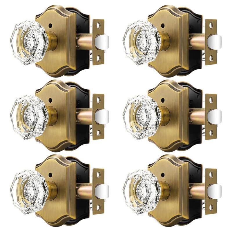 Orger Octagonal Crystal Door Knobs 6 Pack Interior Privacy Door Handle for BedBathroom with Pin Lock Inside Antique Bronze Vintage Rosette Door Knob with Heavy Duty Genuine Glass