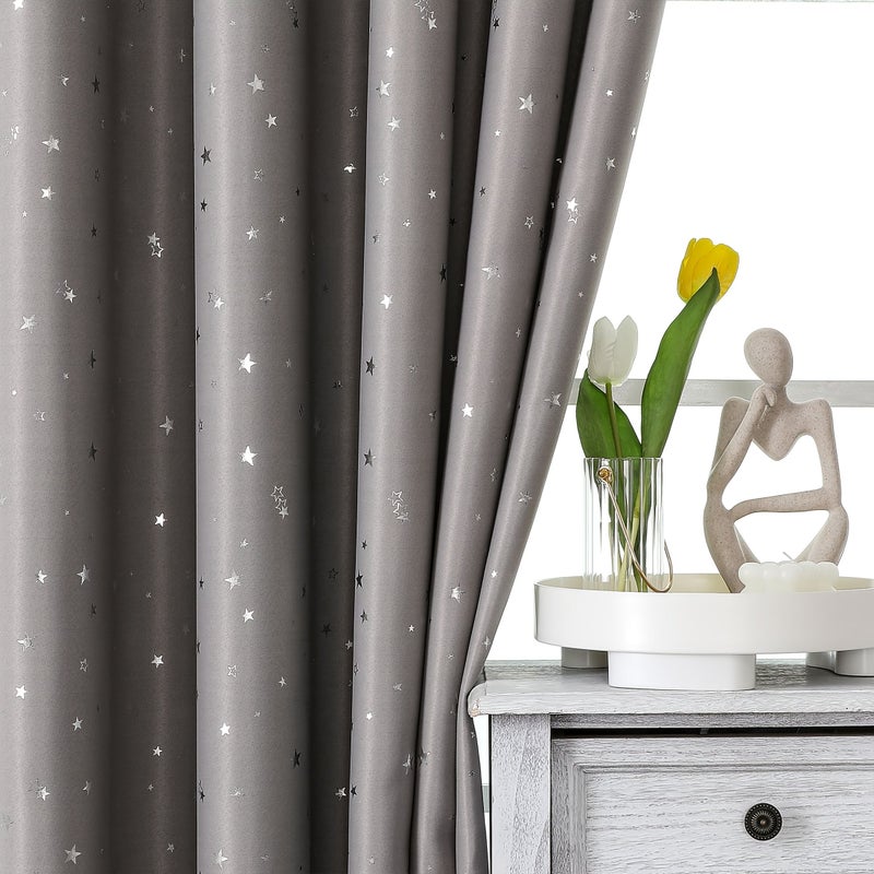 Pink Color Silver Stamped Printed Blackout Curtains Creative Star Pattern Design Top Metal Grommet Sun Filtering Privacy Room Darkening Curtain 59W X 98L Inch For Living Room Bedroom Study Decoration - Image 3