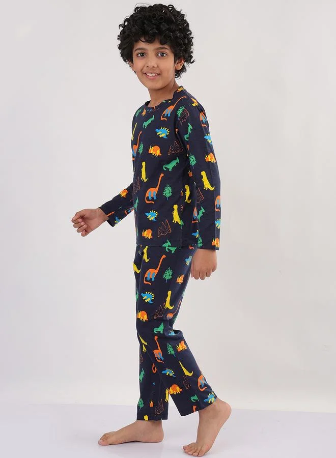 انثريلو طقم بيجامة ولادي بأكمام طويلة وطبعة ديناصور شاملة باللون الأزرق الداكن من أنثرلو