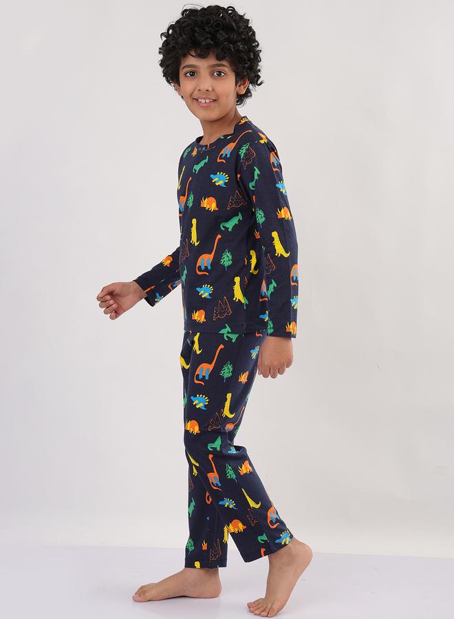 Anthrilo Boys Navy Blue All-Over Dinosaur Print Long Sleeve T-Shirt and Pyjama Set - Image 2