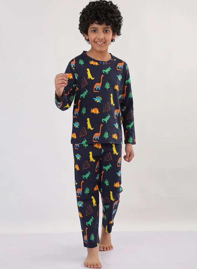 انثريلو طقم بيجامة ولادي بأكمام طويلة وطبعة ديناصور شاملة باللون الأزرق الداكن من أنثرلو