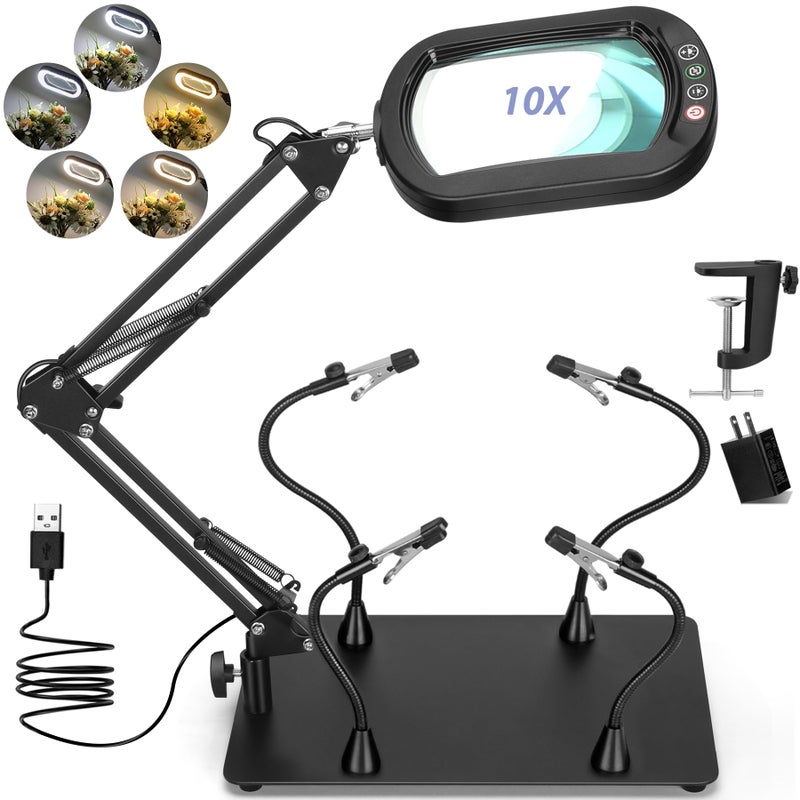 Drdefi Helping Hands Soldering Station, 10X Square Magnifying Glass with Light and Stand, 4 Magnetic Third Hands Soldering Tool, PCB Holder Solder Magnifier Desk Lamp for Soldering Electronic Repair - Image 1