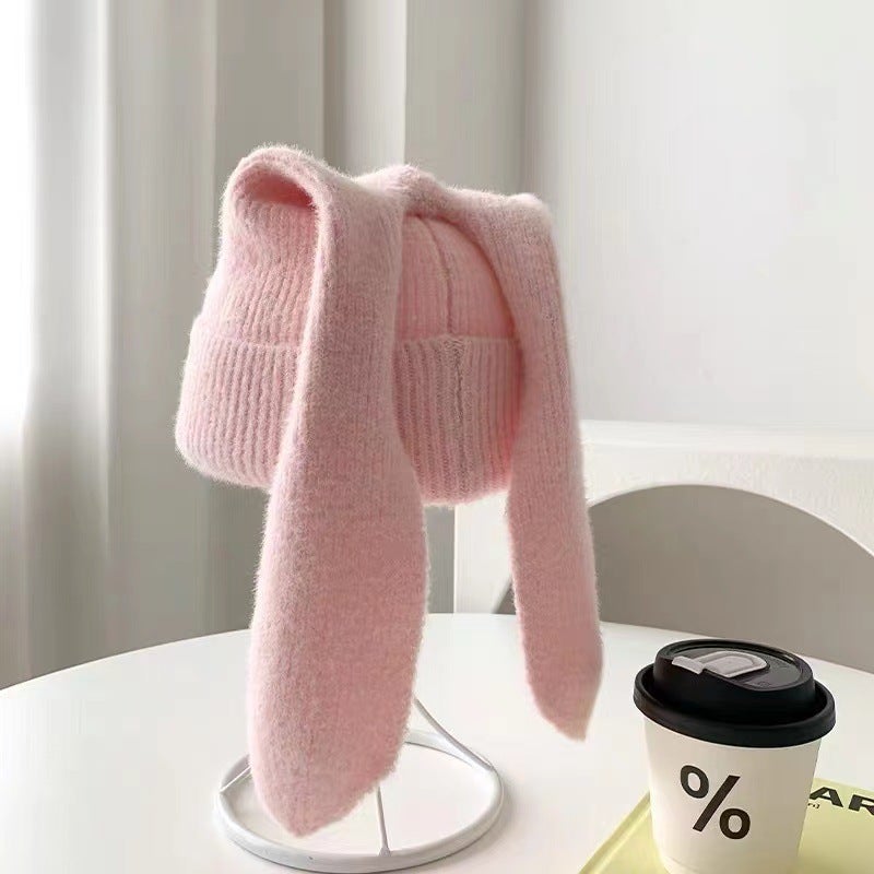 2023 Cute Knit Bunny Ear Hat Soft Winter Warm Lotus root color 