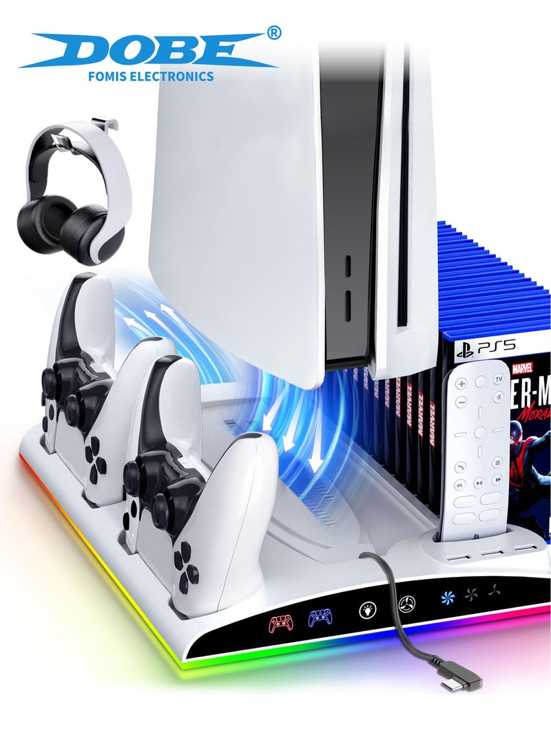 دوبي حامل مروحة تبريد PS5 محطات شحن وحدات التحكم إضاءة RGB منافذ USB حامل سماعات رأس فتحة ألعاب لجهاز PS5 PS5 Slim PS5 Pro منظم متعدد الوظائف للاستخدام اليومي والمنزل والهدايا - Image 1