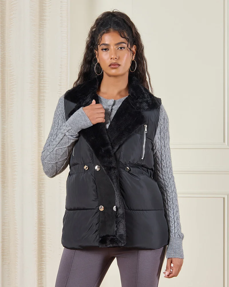 Redtag Women Black Plain Padded Vest Jacket
