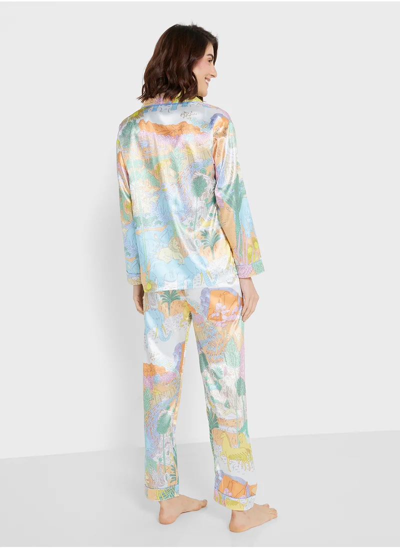 جينجر Satin Floral Print Shirt & Pyjama Set