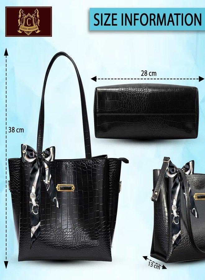 CLASSIC SMUGGLER Designer Croco Pattern Tote Bag for Women | Spacious Ladies Handbag with Zip Closure | Dark Brown Shoulder Purse For Daily Use & Office Use Black - Image 2