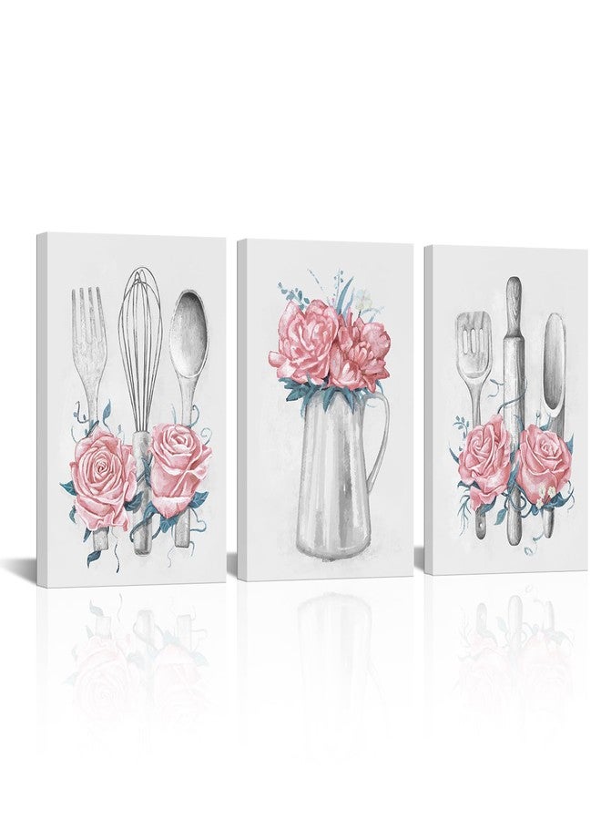 Visual Art Decor Kitchen Art Pink Kitchen Decor Painting Framed Ready to Hang 12x16inchx3Pieces (Pink) - Image 1