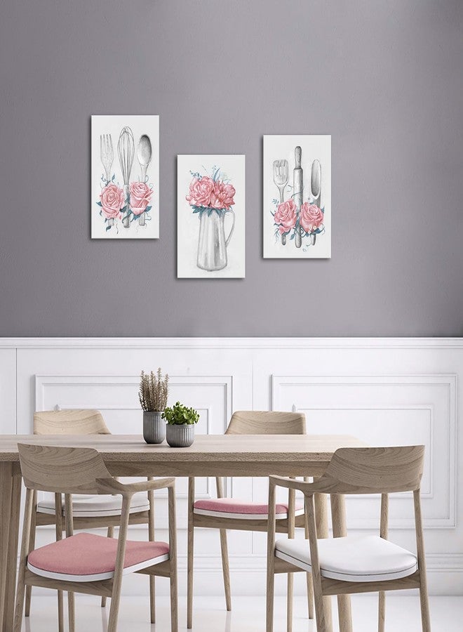 Visual Art Decor Kitchen Art Pink Kitchen Decor Painting Framed Ready to Hang 12x16inchx3Pieces (Pink) - Image 3