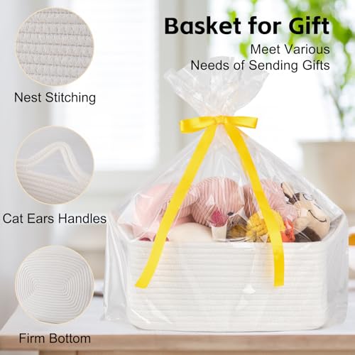 OIAHOMY Woven Basket, Gift Basket Empty with Gift Bags and Ribbons, Rope Baskets for Baby Showers,Halloween, Storage Baskets with Handles for Nursery, Pet Toy Organizer - White - Image 3