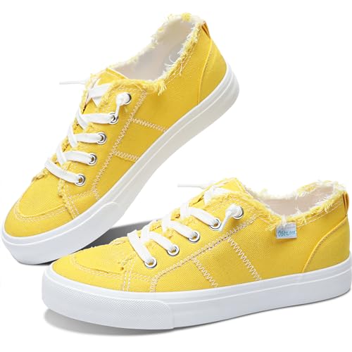 Obtaom Women's Play Fashion Sneaker Comfortable Canvas Slip on Shoes Washed Canvas Flats（Lemon Yellow US8） - Image 1