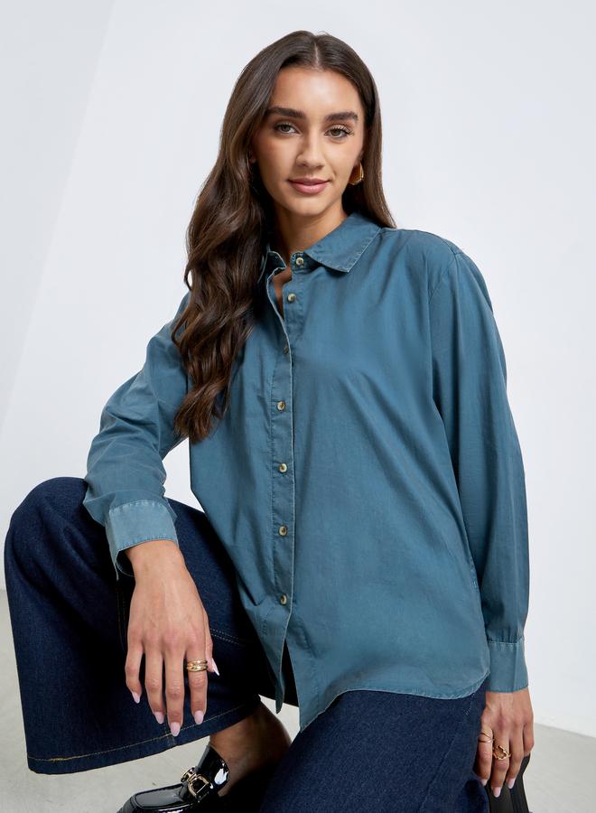 Styli Blue Long Sleeve Acid Wash Shirt - Image 1