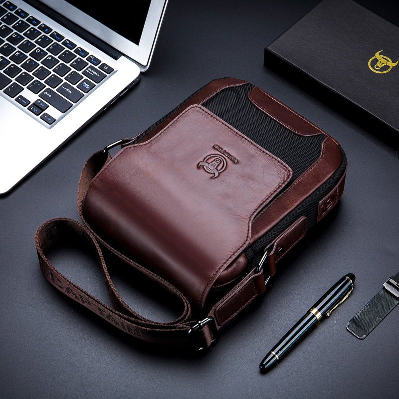 Leather Shoulder Bag: Coffee High-quality Leather Wear-resistant Cloth - Adjustable Strap Crossbody Bag for Daily Commuting Working Business Travel - Image 3