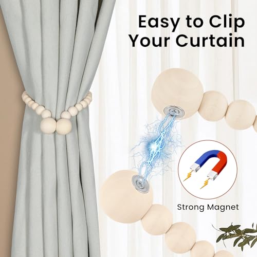 KLOGTSIND Magnetic Wood Bead Curtain Tiebacks, Curtain Holders for Boho Bedroom, Baby Nursery, Farmhouse Decor, Wood Color, 2 Packs - Image 2