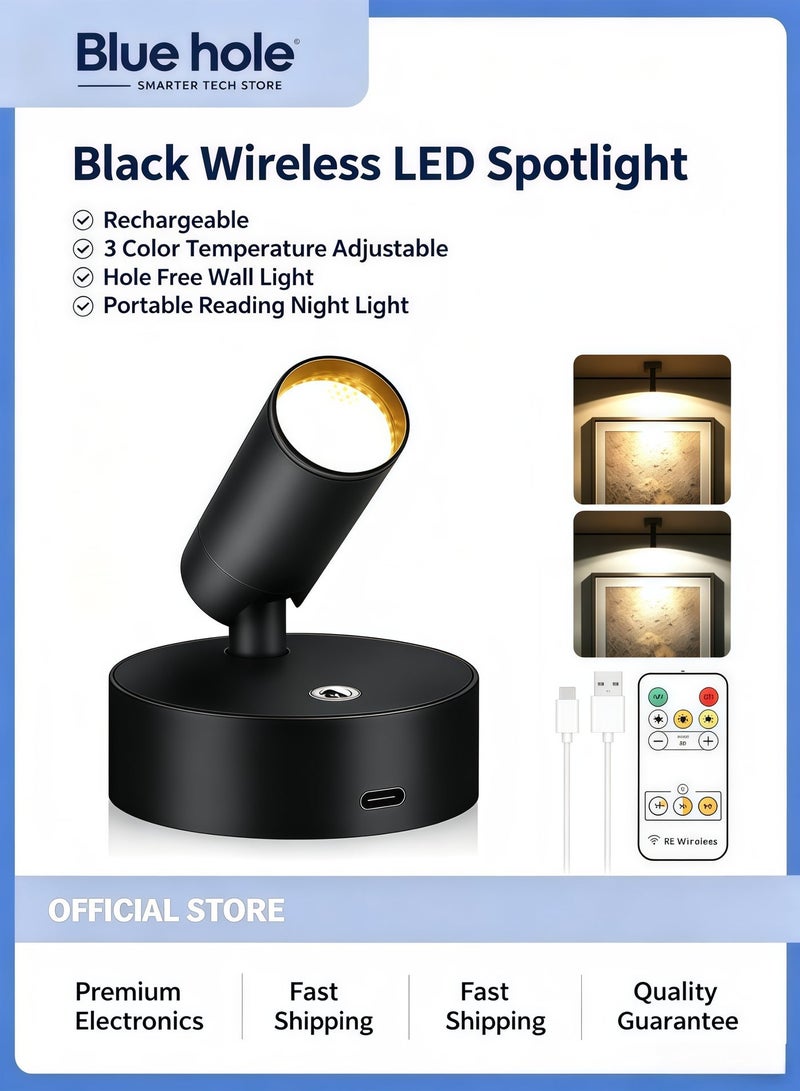 BlueHole Wireless LED Spotlight Black Rechargeable Adjustable 3 Color Temperature Portable Wall Light Hole Free Night Reading Light for Home and Outdoor Use - Image 1