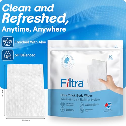 Filtra® Ultra Thick Body Wipes | Pre-Moistened & Extra Large for Body Sponging, Bed Bath & Post-Workout Freshness | Mildly Scented | Re-Sealable Zip Lock Pouch of 10 (Pack of 1) - Image 2