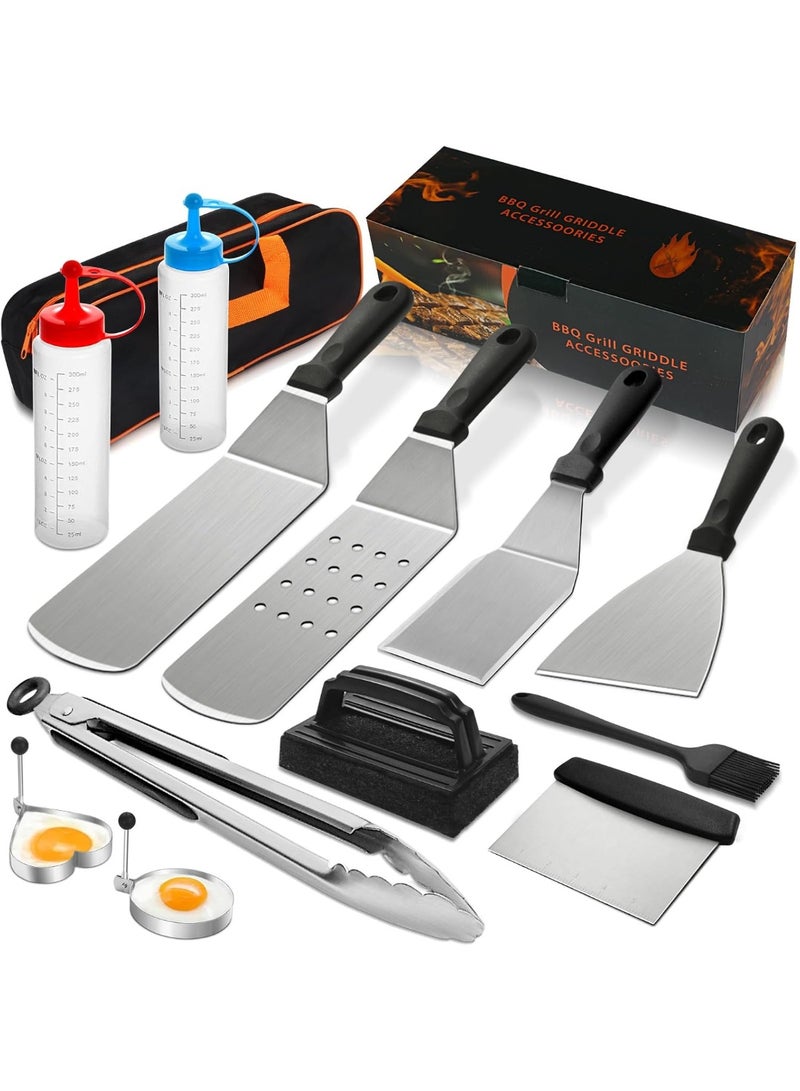 كيلا Flat Top Grill Accessories, Black Stainless Steel Griddle Tool Set for Blackstone and Camp Chef, Perfect Grill Spatula Set Tools, Basting Cover, Scraper for Outdoor Barbecue(Set of 14) - Image 1