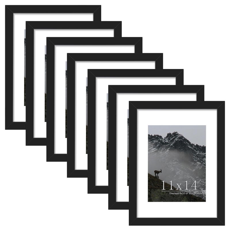 Picrit 11x14 Picture Frame Set of 7 Display 8 x 10 with Mat or 11 x 14 Without Mat Photo Frames for Wall Mounting or Table Top Display Black